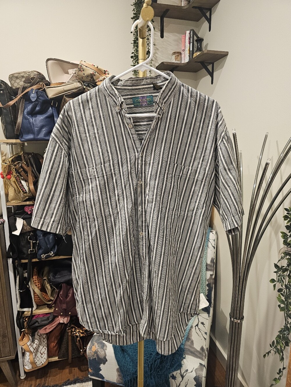 Vintage Men's Short-Sleeve Striped Button Shirt - Black & White *FLAWED*